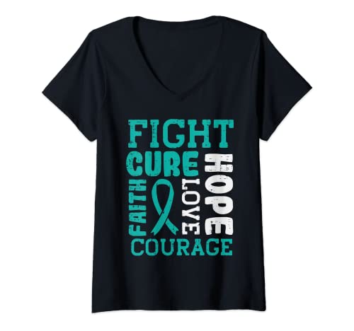 Damen Fight Cure Faith Hope Blaugrünes Schleifenband, Eierstockkrebs-Bewusstsein T-Shirt mit V-Ausschnitt Damen Fight Cure Faith Hope Blaugrünes Schleifenband, Eierstockkrebs-Bewusstsein T-Shirt mit V-Ausschnitt von Ovarian Cancer Awareness Clothes For Women Gifts