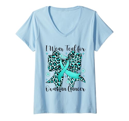 Damen Leopardenschleife mit Aufdruck „I Wear“, Blaugrün, zur Aufdeckung von Eierstockkrebs T-Shirt mit V-Ausschnitt Damen Leopardenschleife mit Aufdruck „I Wear“, Blaugrün, zur Aufdeckung von Eierstockkrebs T-Shirt mit V-Ausschnitt von Ovarian Cancer Awareness Gift