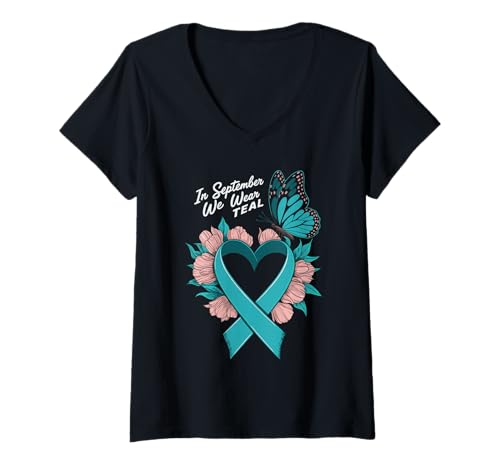 Damen In September We Wear Teal Ovarian Cancer Awareness T-Shirt mit V-Ausschnitt Damen In September We Wear Teal Ovarian Cancer Awareness T-Shirt mit V-Ausschnitt von Ovarian Cancer Awareness Month Teal Apparel