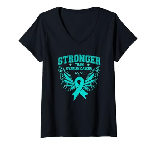 Damen Stärker als Krebs Teal Butterfly Bewusstsein für Eierstockkrebs T-Shirt mit V-Ausschnitt Damen Stärker als Krebs Teal Butterfly Bewusstsein für Eierstockkrebs T-Shirt mit V-Ausschnitt von Ovarian Cancer Awareness Outfits for Women Men
