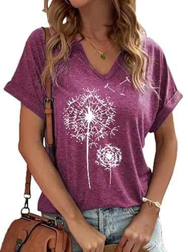 Damen-T-Shirts mit Blumenmuster, V-Ausschnitt, Löwenzahn, Sonne, Blume, Grafik, lässig, Boho-Top, niedliche Wildblumen-Hemden, Rot-1, XX-Large von Ovazly