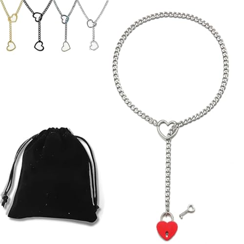 Oveallgo - Love Shackles Necklace, Herzschloss-Rot, Medium, Unisex, Edelstahl, 68 cm, Kubaner, Handcrafted, Gothic Punk, 1 Count von Oveallgo