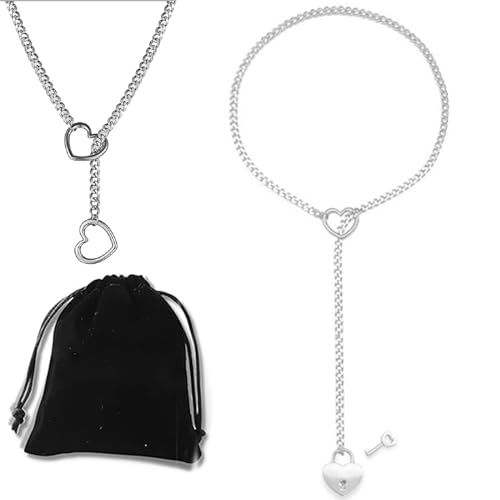 Love Shackles Necklace, Loveshackles - Heart Slip Chain, Heart O-Ring Slip Chain Necklace Handmade Punk Gothic Cuban Necklace (Silbernes Liebesschloss, Medium) von Oveallgo