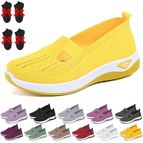 Oveallgo Annelie Sommerschuh Damen, Bequeme Slip On Lightweight Breathable Orthopädische Mesh Schuhe Walkingschuhe Sneaker (Gelb, Erwachsene, Damen, 42, Numerisch, EU Schuhgrößensystem, M) von Oveallgo