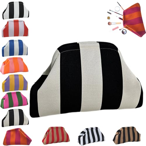 Oveallgo Dumpling Bag Clutch, Clutch Geldbörsen für Damen, Gewebte Clutch Tasche, Gewebte Häkelarbeit Urlaub Handtasche, Stilvolle Gestreifte Tasche für Abendessen (Schwarzer Reis-a) von Oveallgo