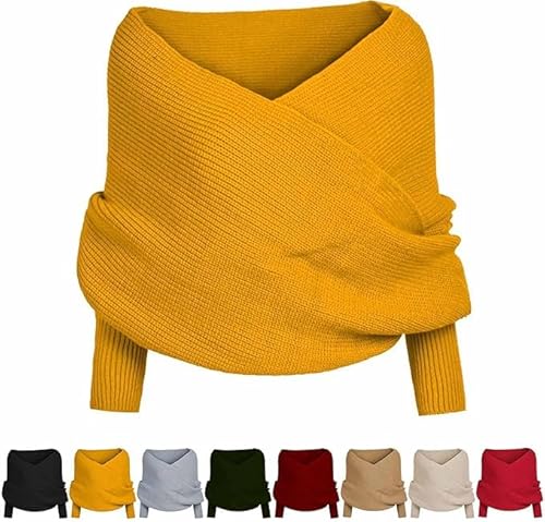 Fashion Crochet Knitted Sweater Scarf Shawl With Sleeves, Scarf With Sleeves, Multifunctional Scarf With Sleeves (Yellow, one size) von Oveallgo