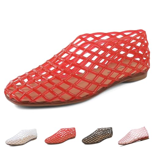 Oveallgo Jelly Mesh Ballet Flats for Women, Beach Ballet Low Heel Flats Comfortable Summer Slip-On Jellies Shoes (red, Erwachsene, 38, Numerisch, EU Schuhgrößensystem, Breit) von Oveallgo