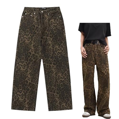 Oveallgo Leopard Print Trousers, Leopard Trousers, Leopardenhose, Hellbraune Leoparden Damen Jeans (DE/NL/SE/PL, Alphanumerisch, M, Regular, Regular, Leopard Trousers) von Oveallgo