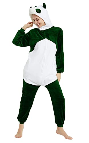 Pyjama Jumpsuit Erwachsene Onesies Tier kostüm Kigurumi Karneval Halloween Schlafanzug Party Show Weihnachten Cosplay Unterwäsche für Unisex Damen Herren (L, Panda 3D Grün) von Ovender