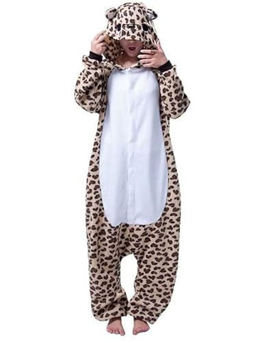 Pyjama Jumpsuit Erwachsene Onesies Tier kostüm Kigurumi Karneval Halloween Schlafanzug Party Show Weihnachten Cosplay Unterwäsche für Unisex Damen Herren (L, Leopard mit Handschuhen) von Ovender