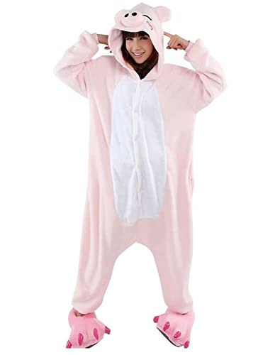 Pyjama Jumpsuit Erwachsene Onesies Tier kostüm Kigurumi Karneval Halloween Schlafanzug Party Show Weihnachten Cosplay Unterwäsche für Unisex Damen Herren (XL, Schweinefleisch Rosa Weiß) von Ovender