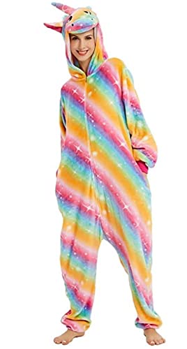 Pyjama Jumpsuit Erwachsene Onesies Tier kostüm Kigurumi Karneval Halloween Schlafanzug Party Show Weihnachten Cosplay Unterwäsche für Unisex Damen Herren, Regenbogen Einhorn, XS von Ovender