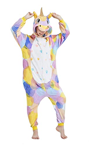 Pyjama Jumpsuit Erwachsene Onesies Tier kostüm Kigurumi Karneval Halloween Schlafanzug Party Show Weihnachten Cosplay Unterwäsche für Unisex Damen Herren (S, Pony Einhorn Gelb) von Ovender