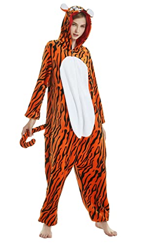 Pyjama Jumpsuit Erwachsene Onesies Tier kostüm Kigurumi Karneval Halloween Schlafanzug Party Show Weihnachten Cosplay Unterwäsche für Unisex Damen Herren (S, Tiger 2) von Ovender