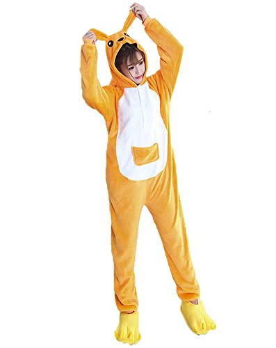 Pyjama Jumpsuit Erwachsene Onesies Tier kostüm Kigurumi Karneval Halloween Schlafanzug Party Show Weihnachten Cosplay Unterwäsche für Unisex Damen Herren, Känguru Orange, L von Ovender