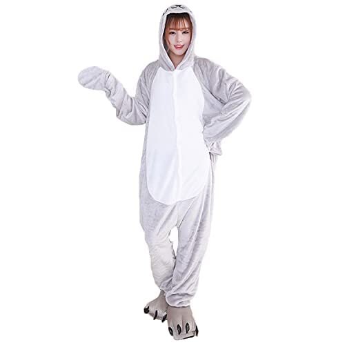 Pyjama Jumpsuit Erwachsene Onesies Tier kostüm Kigurumi Karneval Halloween Schlafanzug Party Show Weihnachten Cosplay Unterwäsche für Unisex Damen Herren (L, Seelöwe Grau) von Ovender