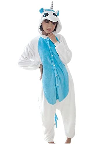 Pyjama Jumpsuit Erwachsene Onesies Tier kostüm Kigurumi Karneval Halloween Schlafanzug Party Show Weihnachten Cosplay Unterwäsche für Unisex Damen Herren - L - Einhorn hellblau von Ovender