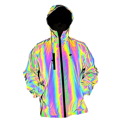 OverDose Boutique Glow Rainbow Hip Hop Jacken Schwarze reflektierende Jacke für Männer und Frauen mit Kapuze Reißverschluss wasserdichter Mantel Windjacken Damen Strand Mantel (Black, XXL) von OverDose Boutique