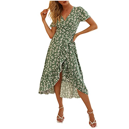 OverDose Boutique Kurze lässige A-Linie Frauenkleid Ärmel Blumendruck V-Ausschnitt Bedruckte Frauenkleid Maxi Kleider Für Damen Elegant (Green-B, XL) von OverDose Boutique