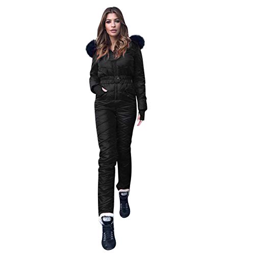 OverDose Damen Einteiliger Jumpsuit Langer Skioverall Winter Warme Schnee Skifahren Sätze Outdoor Overall mit Kapuze Reißverschluss Skianzüge wasserdicht Schneeanzug (B-Schwarz,S) von OverDose Boutique