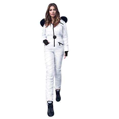 OverDose Damen Einteiliger Jumpsuit Langer Skioverall Winter Warme Schnee Skifahren Sätze Outdoor Overall mit Kapuze Reißverschluss Skianzüge wasserdicht Schneeanzug (B-Weiß,M) von OverDose Boutique