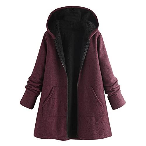 Overdose Damen Baumwollmantel mit Vintage-Print Mode mit Kapuze Lang Cardigan Hoodie Drucken Oberteile Tops Casual Coat Winter Jacket Mantel(B-rot,3XL) von OverDose Boutique