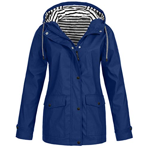 Overdose Damen Casual Light Langarm Outwear Jacken Kapuzenjacke Regenmantel Wetterschutzjacke Outdoorjacken Funktionsjacke Große Größen mit Gestreift Futter und 2 Tasche Blau 46 von OverDose Boutique