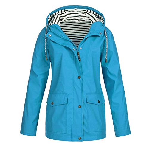 Overdose Damen Einfarbig Leichte Langarm Outwear Kapuzenjacke Funktionsjacke Regenjacke Mäntel Wetterschutzjacke Windbreaker mit Gestreift Futter und 2 Tasche Himmelblau 50 von OverDose Boutique