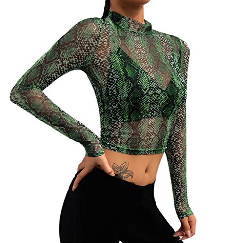 Overdose Damen Grünes Langärmliges Crop-Top mit Schlangen-Netzstoff von OverDose Boutique