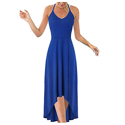 Overdose Damen Halter-Ansatz mit tiefem V Ausschnitt Blumenkleid Asymmetrisch Saum Maxikleid Cami Freizeitkleider Elegant Abendkleider Ovesize Langes Kleid Sommerkleider(C-Blau,XL) von OverDose Boutique