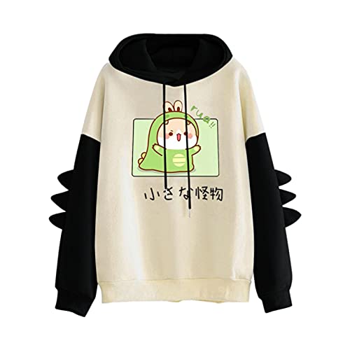 Overdose Damen Kawaii Hoodie Kapuzenpullover Herbst Winter Warm Süßer Dinosaurier Pulli Outwear Langarm Sweatshirt Mädchen Pullover Bluse Tops für Party Reisen Tägliche(Ca-Schwarz,XXL) von OverDose Boutique