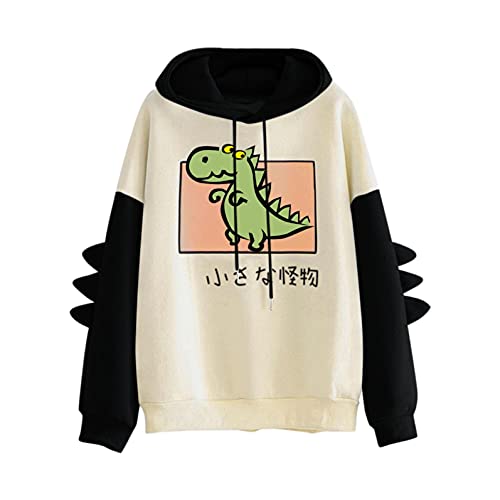 Overdose Damen Kawaii Hoodie Kapuzenpullover Herbst Winter Warm Süßer Dinosaurier Pulli Outwear Langarm Sweatshirt Mädchen Pullover Bluse Tops für Party Reisen Tägliche(Cb-Schwarz,XXL) von OverDose Boutique