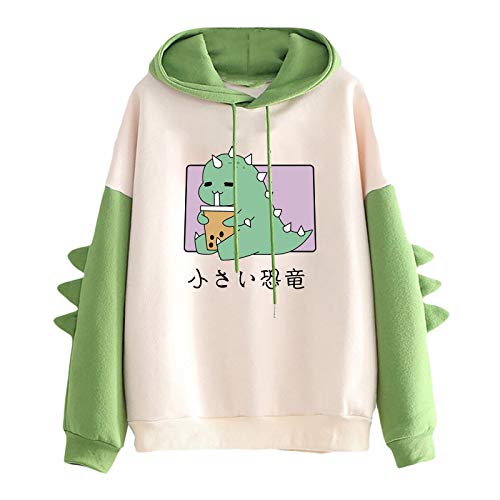 Overdose Damen Kawaii Hoodie Kapuzenpullover Herbst Winter Warm Süßer Dinosaurier Pulli Outwear Langarm Sweatshirt Mädchen Pullover Bluse Tops für Party Reisen Tägliche (A-Grün,M) von OverDose Boutique