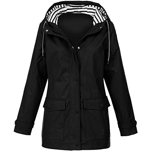 Overdose Damen Leichte Casual Outwear Einfarbig Windjacke Regenmantel Wasserdicht Winddichte Langarm Reißverschluss Funktionsjacke Kapuzenjacke Outdoorjacke mit 2 Tasche Schwarz 50 von OverDose Boutique
