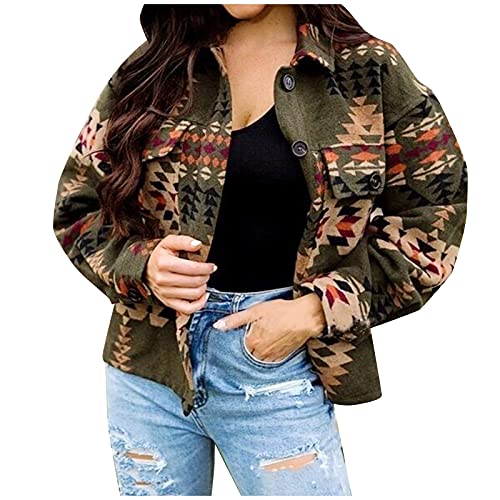 Overdose Damen Mantel Herbst- und Winterjacke mit geometrischem Ethno-Print und Langen Ärmeln aus Cord mit Umschlagnähten und Kragentaschen(Armeegrün,XL) von OverDose Boutique