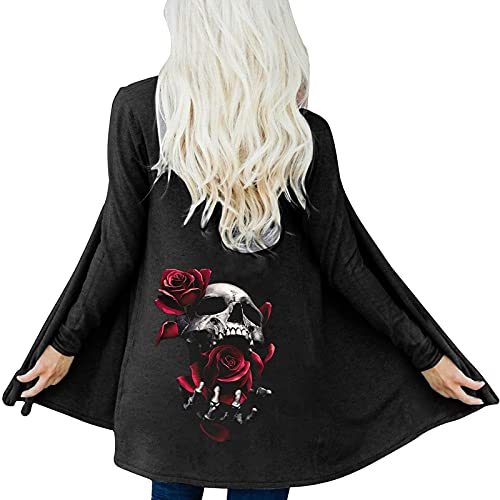 Overdose Damen Outwear mit Taschens Herbst Oberteile Knöpfe Loose Mantel Halloween Cardigan Totenkopf Druck Strickjacken Mode Druck V-Ausschnitt Coat Casual(A-A,L) von OverDose Boutique