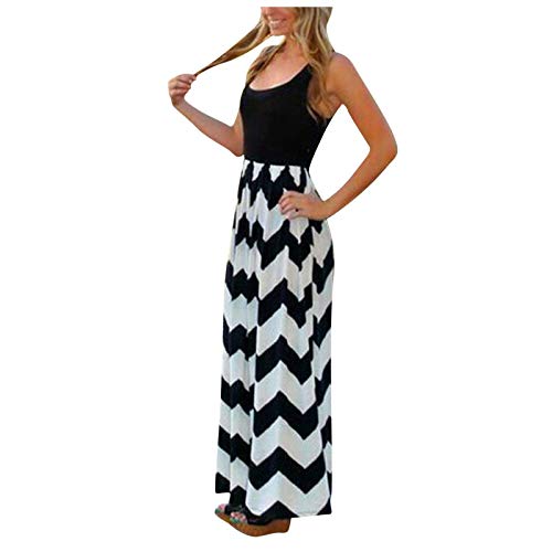 Overdose Damen Sommerkleider Ärmellos Strandkleid Streifen Freizeitkleider Urlaubskleid Maxikleid Langes Kleid Gewelltes Gestreiftes Kleider Kleid Dress Rundkragen Abendkleider(B-Schwarz,L) von OverDose Boutique