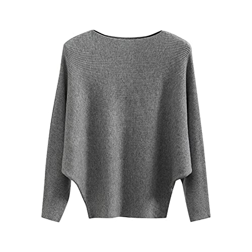 Overdose Damen Strickshirt Boat Neck Pulli Einfarbig Pullover Fledermaus Ärmel Oberteile Temperament Tops Mode Strickpullover Casual Bluse Lockere Sweater(Grau,Einheitsgröße) von OverDose Boutique