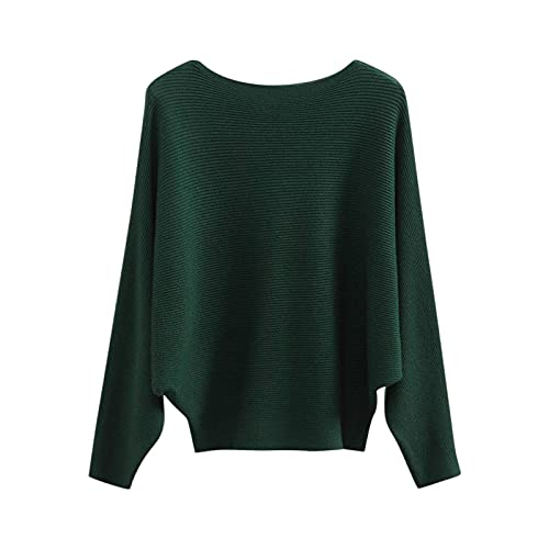 Overdose Damen Strickshirt Boat Neck Pulli Einfarbig Pullover Fledermaus Ärmel Oberteile Temperament Tops Mode Strickpullover Casual Bluse Lockere Sweater(Grün,Einheitsgröße) von OverDose Boutique