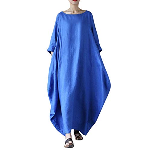 OverDose Damen Herbst Oktoberfest Stil Frauen Rundhalsausschnitt Lose beiläufige Feste Baumwolle Baggy Oversized Outdoor Wandern Dating Lange Maxi Kleid（Blau，46 DE/XXL CN） von OverDose Damen