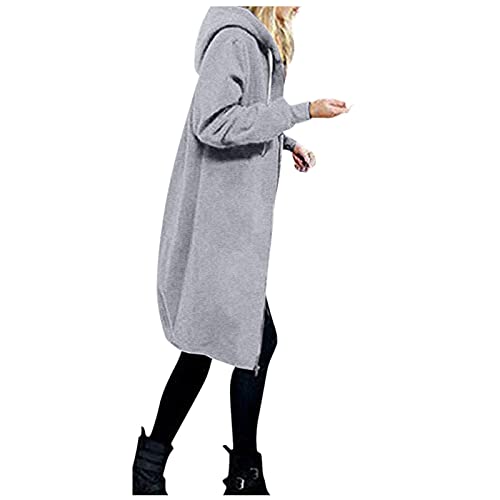 OverDose Damen Herbst Winter Outing Stil Frauen Warm Reißverschluss Öffnen Clubbing Dating Elegante Hoodies Sweatshirt Langen Mantel Jacke Tops Outwear Hoodie Outwear (EU-38/CN-M, W-Tief grau) von OverDose Damen