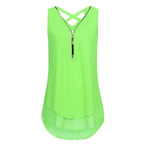 OverDose Damen Sommer Ärmellos T-Shirt Hemd Frauen Lose Tank Tops Kreuz zurück Saum Gelegt Reißverschluss V-Neck Tops(Grün 3,EU-46/CN-XXL) von OverDose Damen