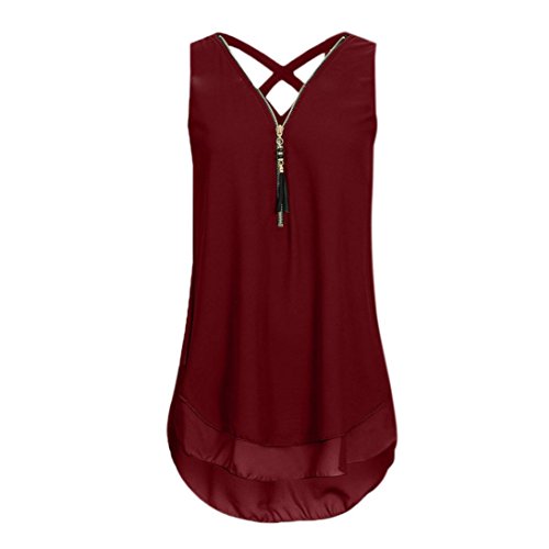 OverDose Damen Sommer Ärmellos T-Shirt Hemd Frauen Lose Tank Tops Kreuz zurück Saum Gelegt Reißverschluss V-Neck Tops(Wine,EU-42/CN-L) von OverDose Damen