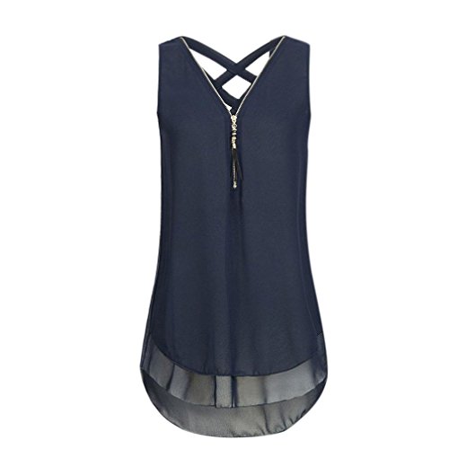 OverDose Damen Sommer Ärmellos T-Shirt Hemd Frauen lose Tank Tops Kreuz zurück Saum gelegt Reißverschluss V-Neck Tops(Blau,EU-46/CN-XXL) von OverDose Damen