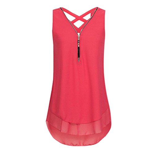 OverDose Damen damen Sommer Ärmellos T-Shirt Hemd lose Tank Tops Kreuz zurück Saum gelegt Reißverschluss V-Neck Tops (EU-52/CN-5XL, Rot) von OverDose Damen