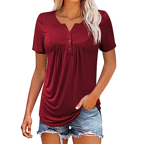 Overdose Sommer Frauen Plus Size Crewneck Button up Geraffte Bluse Kurzarm Tunika Tops Damen V-Ausschnitt T Shirt Oberteile(A-Rot,46 DE/XXL CN) von OverDose Damen