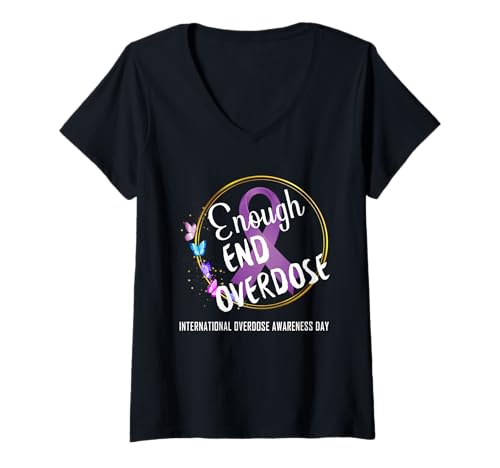 Damen Schleifenband mit Aufschrift Enough End Overdosis, Violett T-Shirt mit V-Ausschnitt Damen Schleifenband mit Aufschrift Enough End Overdosis, Violett T-Shirt mit V-Ausschnitt von Overdose Awareness Gift Shirts