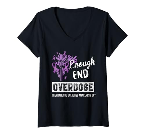 Damen Schleifenband mit Aufschrift Enough End Overdosis, Violett T-Shirt mit V-Ausschnitt Damen Schleifenband mit Aufschrift Enough End Overdosis, Violett T-Shirt mit V-Ausschnitt von Overdose Awareness Gift Shirts
