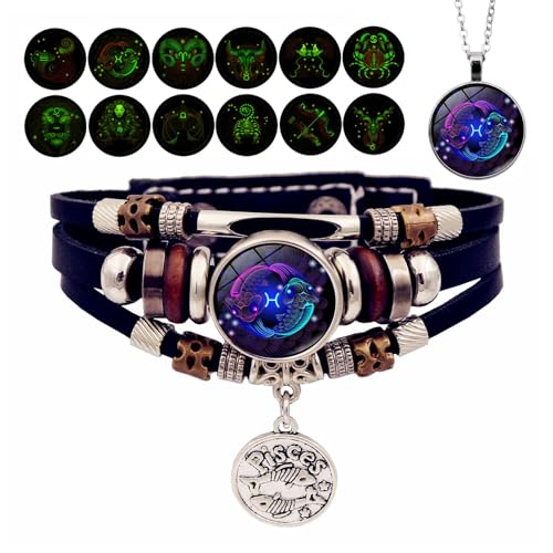 Armband mit Sternzeichen-Manifestation,Sternzeichen-Armband und Halskette mit Anhänger,12 Sternbild-Armbänder, im Dunkeln leuchtend für Männer, Frauen und Mädchen Schmuck-Geschenkset(2-Pisces) von Overhil1s