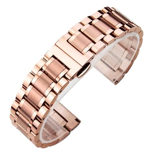 Gebogenes Metall-Edelstahlarmband, 18 mm, 20 mm, 22 mm, 24 mm, Schmetterlingsschnalle, Zubehör, universelles Smart-Watch-Armband (Color : Rose gold, Size : 22mm) von Overhil1s